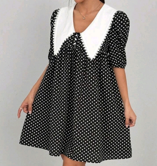 Dresses & Skirts - Women's Peter Pan Collar Patchwork Lace Polka Dot Print Mini Dress